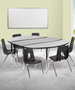 Flash Furniture 86" Oval Wave Flexible Laminate Activity Table Set with 16" Student Stack Chairs, Grey/Black