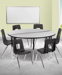 Flash Furniture 60" Circle Wave Flexible Laminate Activity Table Set with 16" Student Stack Chairs, Grey/Black