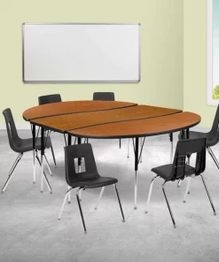 Flash Furniture 86" Oval Wave Flexible Laminate Activity Table Set with 18" Student Stack Chairs, Oak/Black