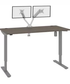 Bestar Upstand 60W x 30D Standing Desk with Dual Monitor Arm in bark grey