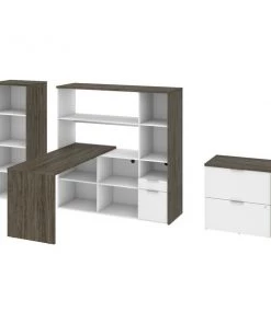 Bestar Gemma 3-Piece L-Shaped Desk/Bookcase/Filing Cabinet, Walnut Grey/White
