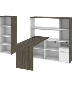 Bestar Gemma 2-Piece L-Shaped Desk and Bookcase, Walnut Grey/White