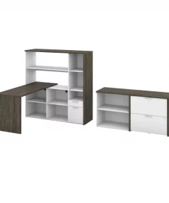 Bestar Gemma 3-Piece L-Shaped Desk/Storage Unit/Filing Cabinet, Walnut Gry/Wht