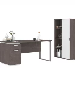 Bestar Aquarius 2-Piece Computer Desk and Bookcase, Bark Gray/White