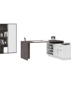 Bestar Equinox 2-Piece L-Shaped Desk and Bookcase, Bark Gray/White
