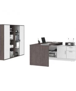 Bestar Equinox 3-Piece L-Shaped Desk and Two Bookcases, Bark Gray/White