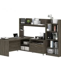 Bestar Pro-Linea L-Desk with Bookcase, Walnut Grey