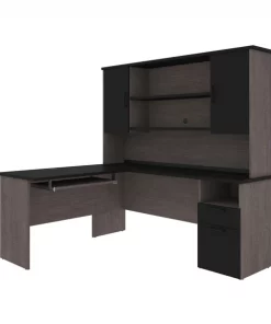 Bestar Norma L-Shaped Desk with Hutch, Black & Bark Gray