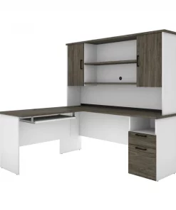 Bestar Norma L-Shaped Desk with Hutch, Walnut Grey & White