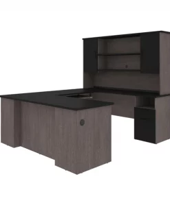 Bestar Norma U-Shaped Desk with Hutch, Black & Bark Gray