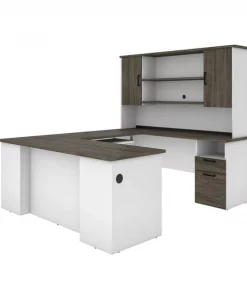 Bestar Norma U-Shaped Desk with Hutch, Walnut Grey & White