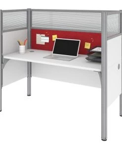 Bestar Pro-Biz 63W Single Office Cubicle with Red Tack Board and High Privacy Panels in white