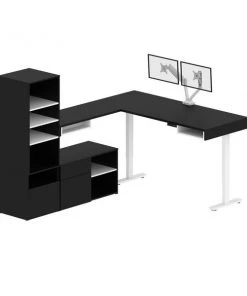 Bestar Viva Two 72W L-Shaped Standing Desks with Dual Monitor Arms and Storage in black
