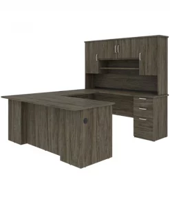 Bestar Murzim 71W U or L-Shaped Executive Desk with Hutch in walnut grey