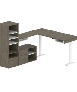 Bestar Viva Two 72W L-Shaped Standing Desks with Credenza and Shelving Unit in walnut grey & white
