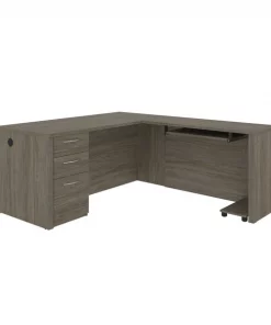 Bestar Embassy 66W L-Shaped Desk with Pedestal, Walnut Grey
