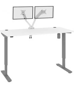 Bestar Upstand 60W x 30D Standing Desk with Dual Monitor Arm in white