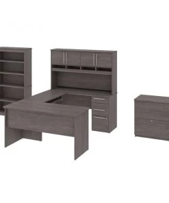 Bestar Innova 83W U or L-Shaped Desk with Hutch, Lateral File Cabinet, and Bookcase in bark grey