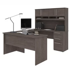 Bestar Innova Plus U-Shape Desk with Hutch, Bark Gray