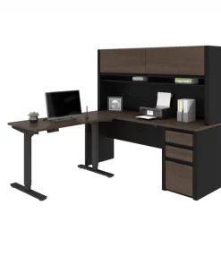 Bestar Connexion Height Adjustable L-Desk with Hutch, Antigua/Black