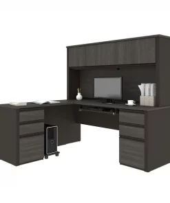 Bestar Prestige + L-Shaped Workstation with Two Pedestals, Bark Gray/Slate