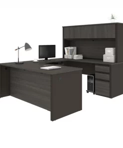 Bestar Prestige + U-Shaped Workstation with Two Pedestals, Bark Gray/Slate