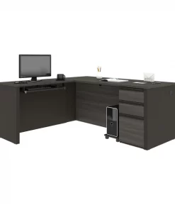 Bestar Prestige + L-Shaped Workstation with One Pedestal, Bark Gray/Slate