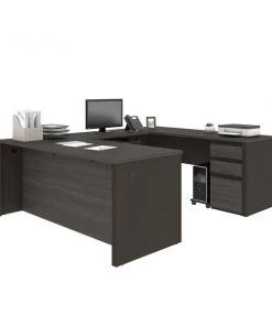 Bestar Prestige + U-Shaped Workstation with One Pedestal, Bark Gray/Slate