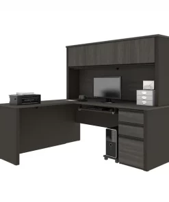 Bestar Prestige + L-Shaped Workstation with One Pedestal, Bark Gray/Slate