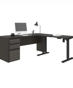 Bestar Prestige + Height Adjustable L-Desk, Bark Gray/Slate