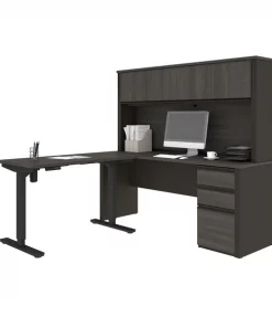 Bestar Prestige + Height Adjustable L-Desk with Hutch, Bark Gray/Slate