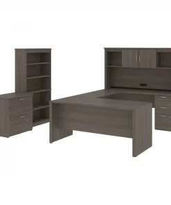 Bestar Logan 66W U-Shaped Desk with Hutch, Lateral File Cabinet, and Bookcase in bark grey