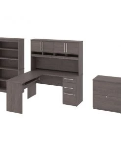 Bestar Innova 60W L-Shaped Desk with Hutch, Lateral File Cabinet, and Bookcase in bark grey