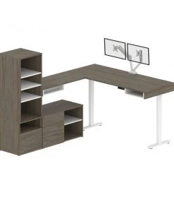 Bestar Viva 72W L-Shaped Standing Desk with Dual Monitor Arm and Storage in walnut grey & white