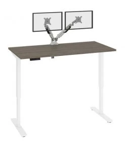 Bestar Viva 60W x 30D Electric Standing Desk with Monitor Arms in walnut grey