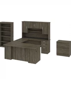 Bestar Murzim 71W U-Shaped Executive Desk with Hutch, Lateral File Cabinet, Bookcase in walnut grey