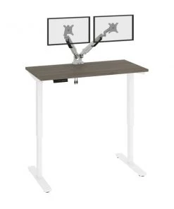 Bestar Viva 48W x 24D Electric Standing Desk with Monitor Arms in walnut grey
