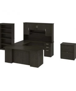 Bestar Murzim 71W U-Shaped Executive Desk with Hutch, Lateral File Cabinet, Bookcase in deep grey