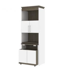 Bestar Orion 30W Shelving Unit with Fold-Out Desk, White & Walnut Grey