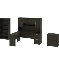 Bestar Murzim L-Shaped Desk with Hutch, 1 Lateral File Cabinet, and 1 Bookcase in deep grey