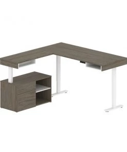 Bestar Viva 72W L-Shaped Standing Desk with Credenza in walnut grey