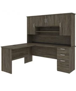 Bestar Murzim 71W L-Shaped Desk with Hutch in walnut grey