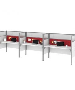 Bestar Pro-Biz 183W 3-Person Office Cubicles with Red Tack Boards and High Privacy Panels in white