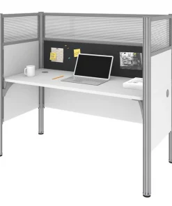 Bestar Pro-Biz 63W Single Office Cubicle with Gray Tack Board and High Privacy Panels in white