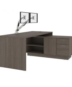 Bestar Equinox 72W L-Shaped Desk with Monitor Arms, Bark Grey & White