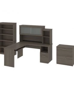 Bestar Dayton 65W L-Shaped Desk with Hutch, Lateral File Cabinet, and Bookcase in bark grey