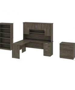 Bestar Murzim L-Shaped Desk with Hutch, 1 Lateral File Cabinet, and 1 Bookcase in walnut grey
