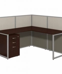 Bush Business Furniture Easy Office 60W L Shaped Cubicle Desk W/ File Cabinet and 45H Panels, Mocha Cherry