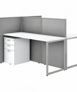 Bush Business Furniture Easy Office 60W 2 Person Cubicle Desk W/ File Cabinets and 45H Panels, Pure White