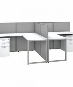 Bush Business Furniture Easy Office 60W 2 Person L Shaped Cubicle Desk W/ Drawers and 45H Panels, Pure White